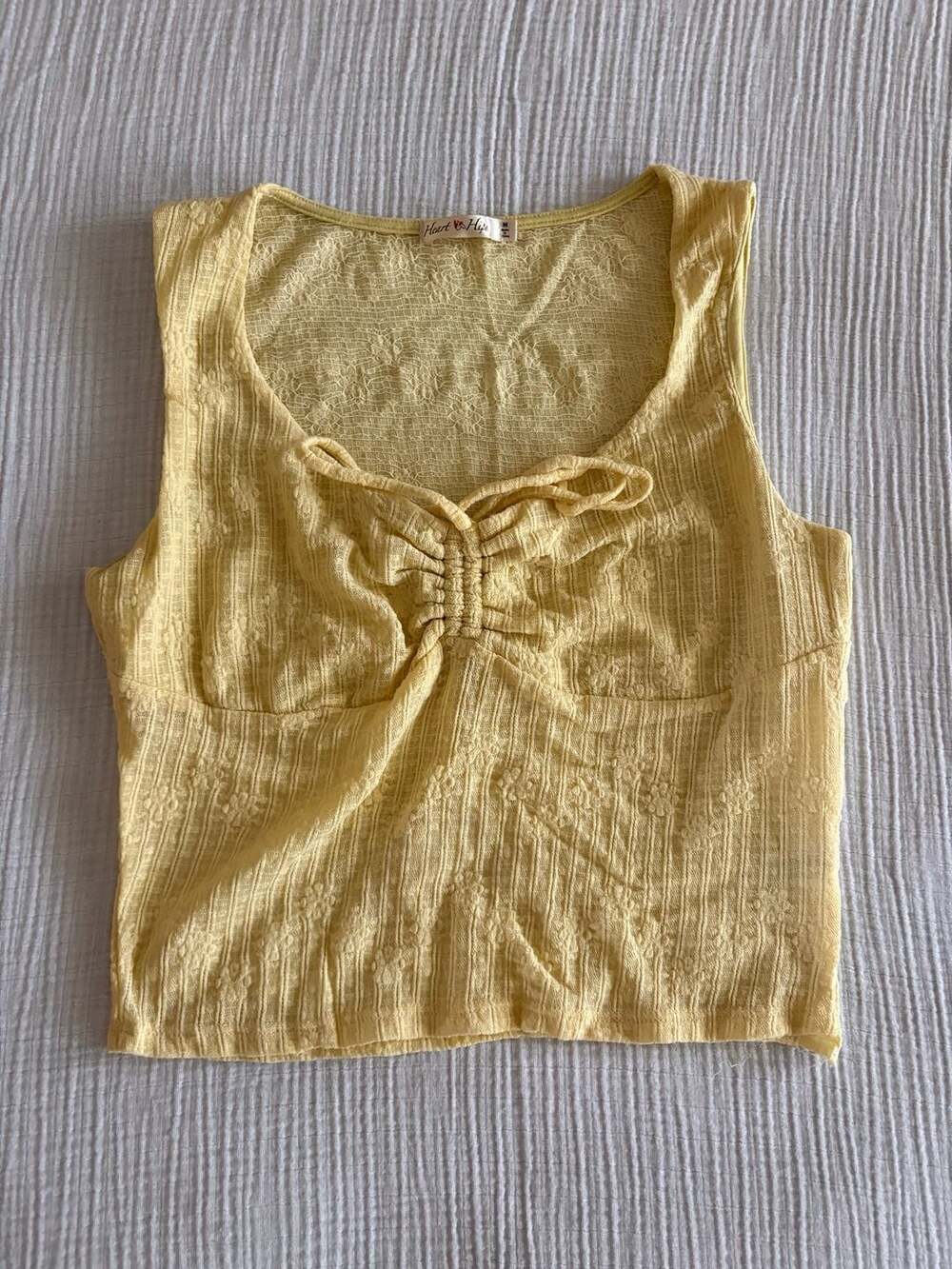 Heart & Hips Yellow Ruched Tie Front Lace Tank Top